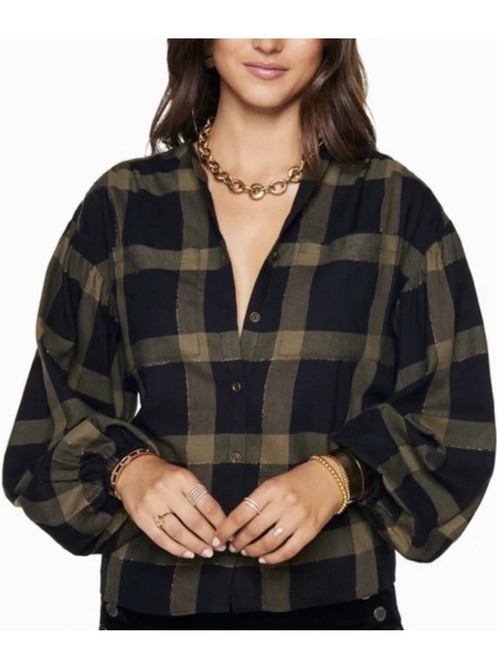 RAMY BROOK Belinda Balloon Sleeve Button Up Plaid Blouse Sz M $295 MSRP